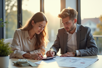 Jeune couple avec agent immobilier et plans de maison