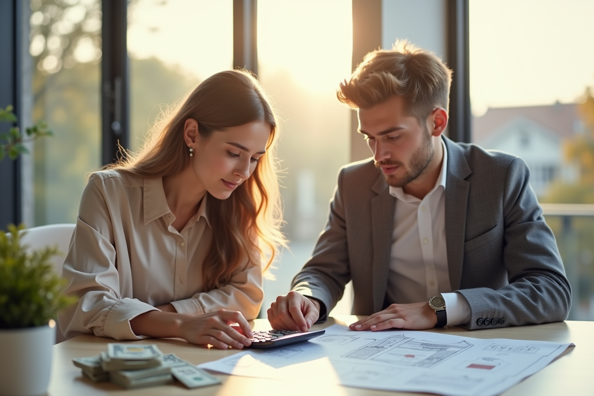 Jeune couple avec agent immobilier et plans de maison