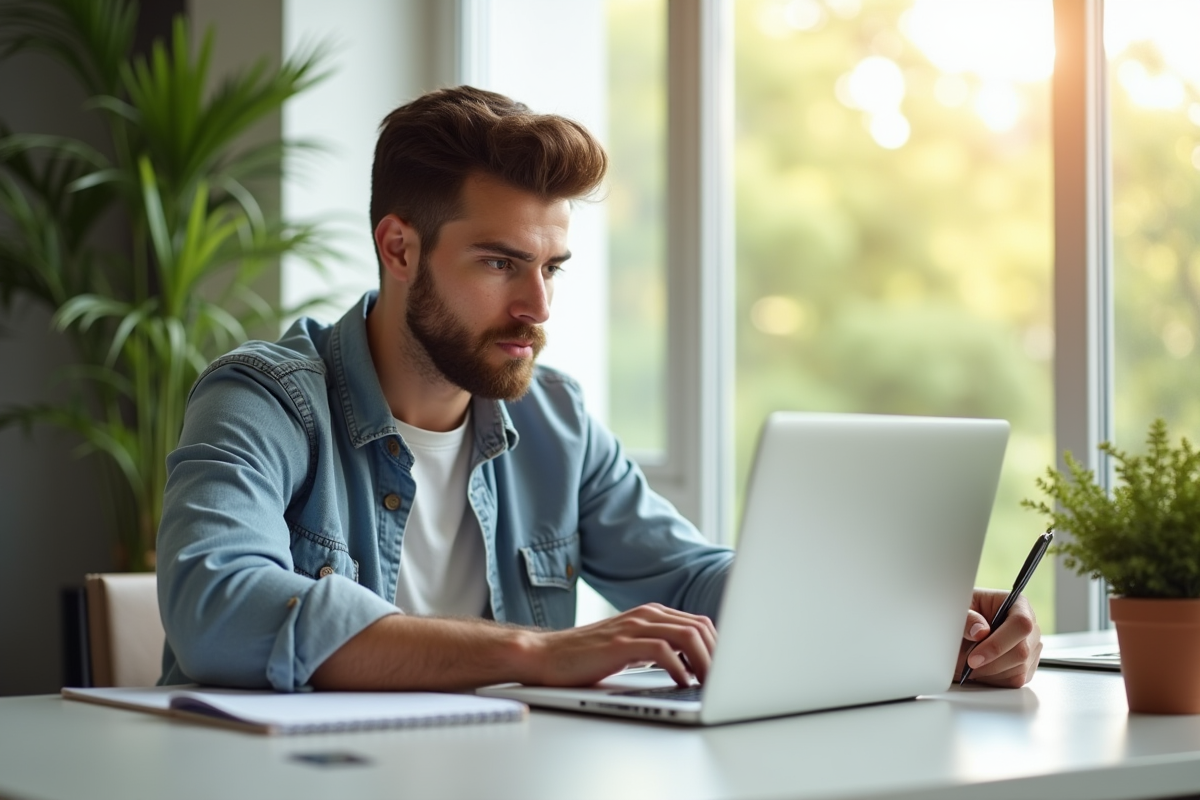Jeune entrepreneur confiant travaillant à distance dans un bureau moderne