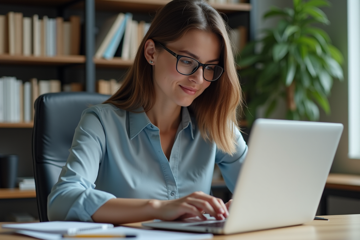 Jeune femme professionnelle travaillant sur son ordinateur dans un bureau organisé