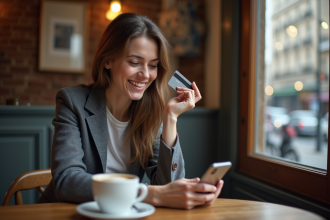 Jeune femme souriante avec carte bancaire dans un café parisien