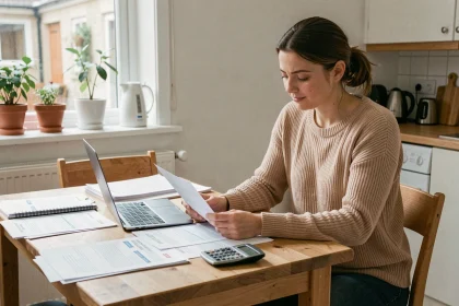 Jeune femme qui examine ses documents APL et sa demande d'aide au logement à la table de sa cuisine