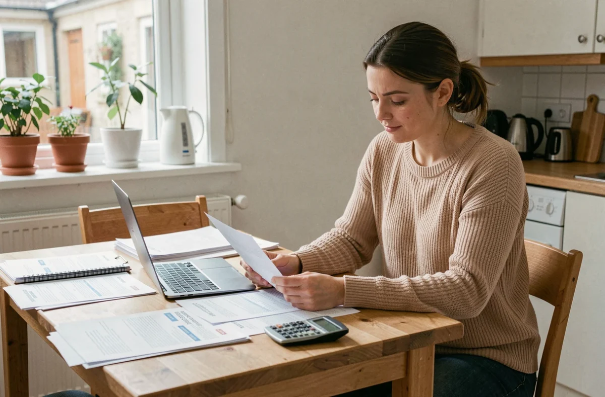 Jeune femme qui examine ses documents APL et sa demande d'aide au logement à la table de sa cuisine