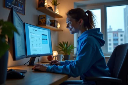 Jeune femme regardant son historique Valorant sur un ordinateur &agrave; la maison