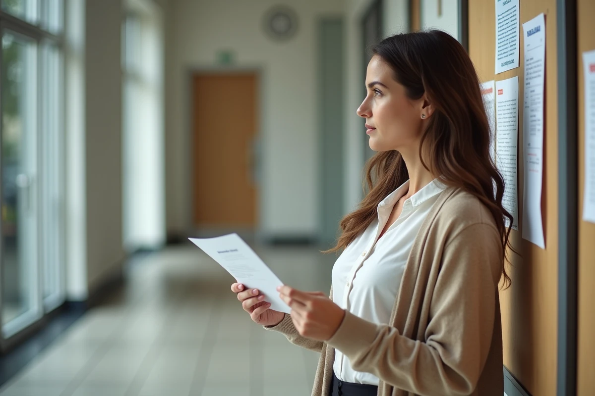 Jeune femme consulte un courrier sur un panneau d