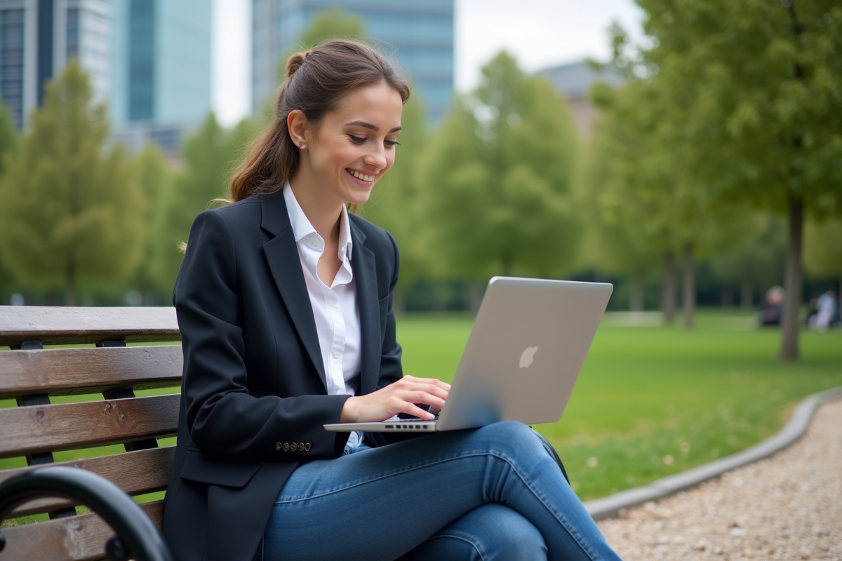 Jeune femme regardant des graphiques boursiers sur un ordinateur portable
