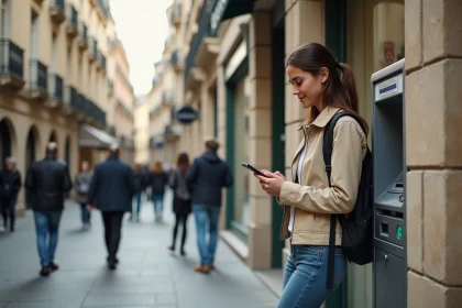 Jeune femme vérifiant son smartphone devant un distributeur en ville