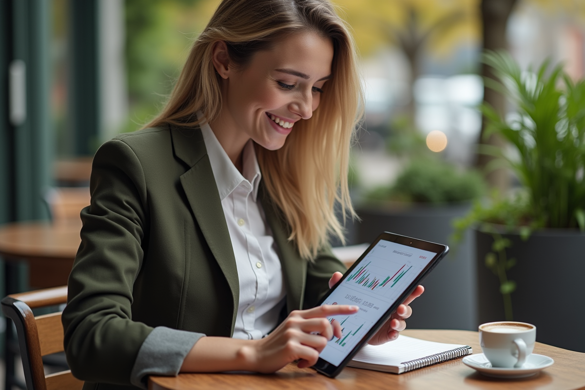 Jeune femme souriante utilisant une tablette en extérieur