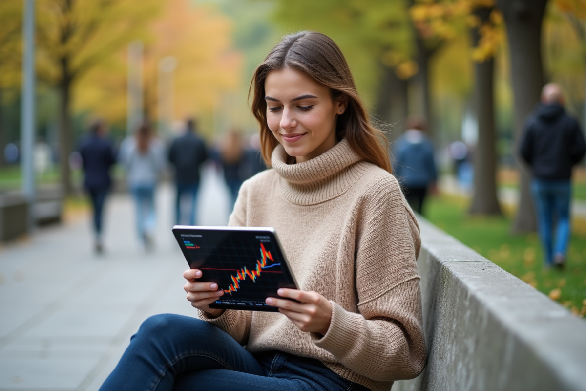 Jeune femme regardant un graphique boursier sur une tablette en plein air