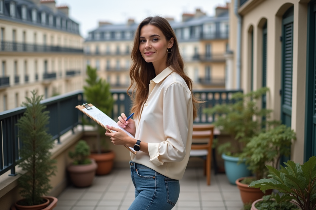 Jeune femme française posant avec un clipboard sur sa terrasse