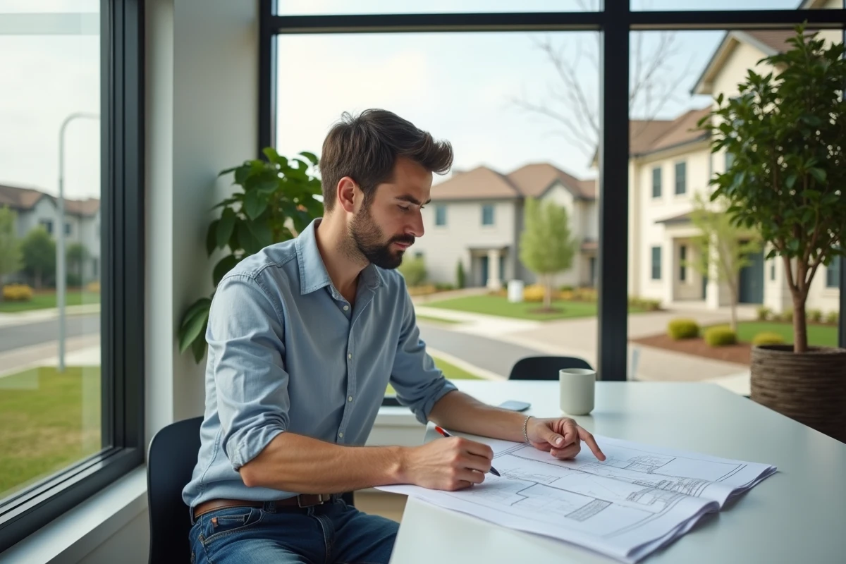 Jeune homme étudiant plans architecturaux dans coworking