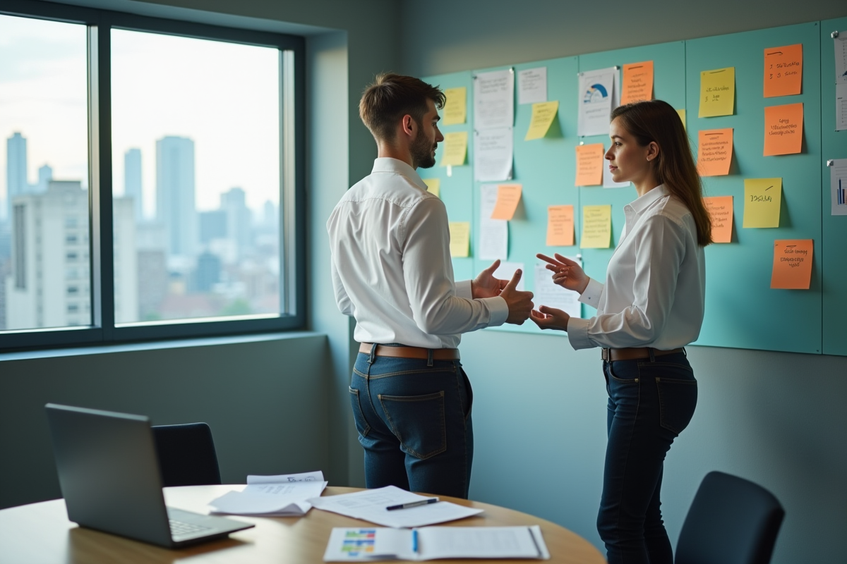 Jeune homme explique des notes et graphiques en réunion