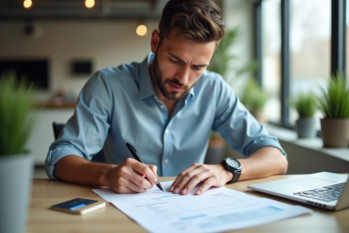 Jeune homme remplissant un formulaire bancaire dans un bureau lumineux