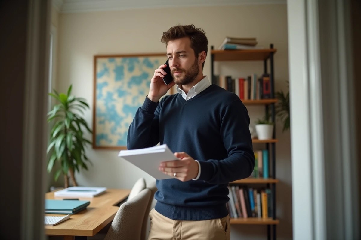 Jeune homme parlant au t&eacute;l&eacute;phone dans son bureau