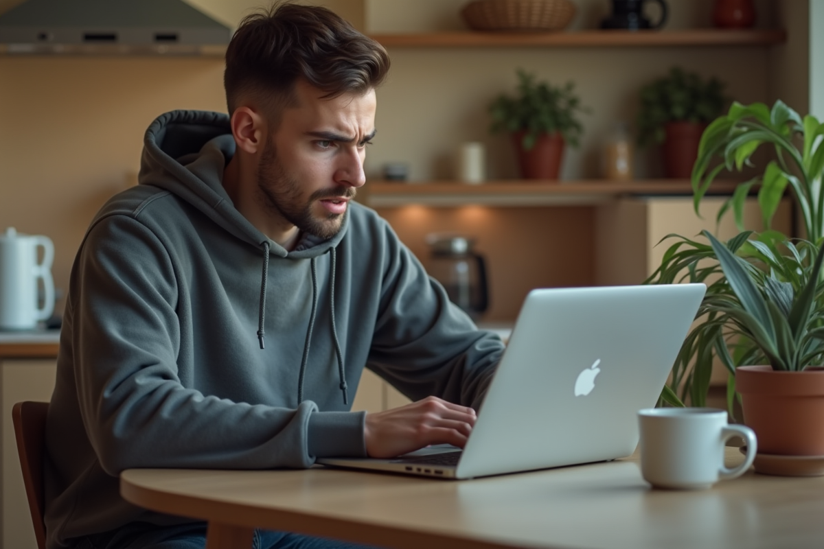 Jeune homme frustré vérifiant transfert d argent