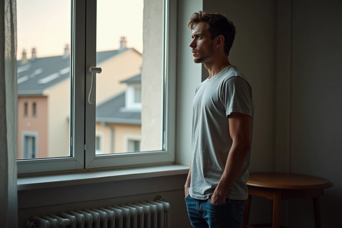 Jeune homme regardant par la fenêtre dans un appartement