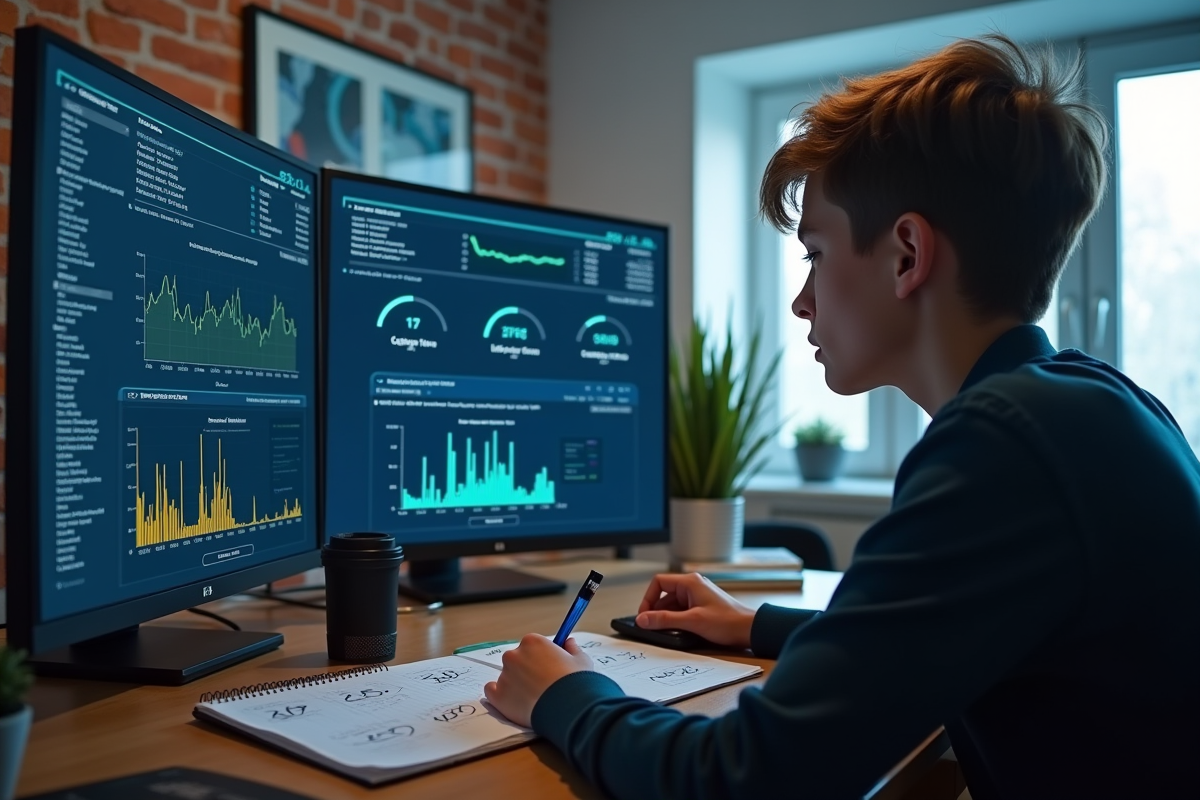 Jeune analysant un tableau de minage Ethereum sur grand écran