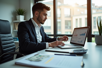Jeune professionnel analysant des graphiques financiers sur un ordinateur portable