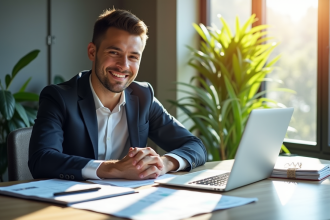 Jeune professionnel concentré à son bureau avec documents financiers