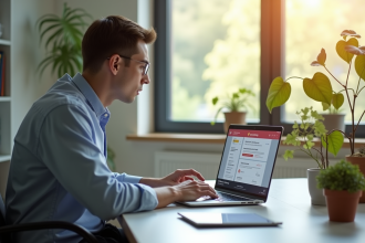 Jeune professionnel inquiet devant un ordinateur portable en bureau lumineux