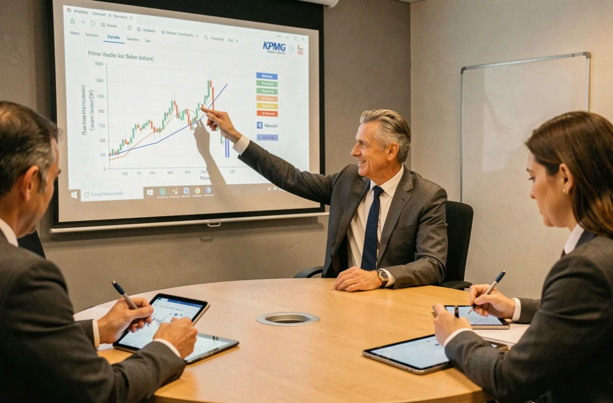 Expert-comptable de KPMG Marseille présentant des analyses financières en salle de réunion