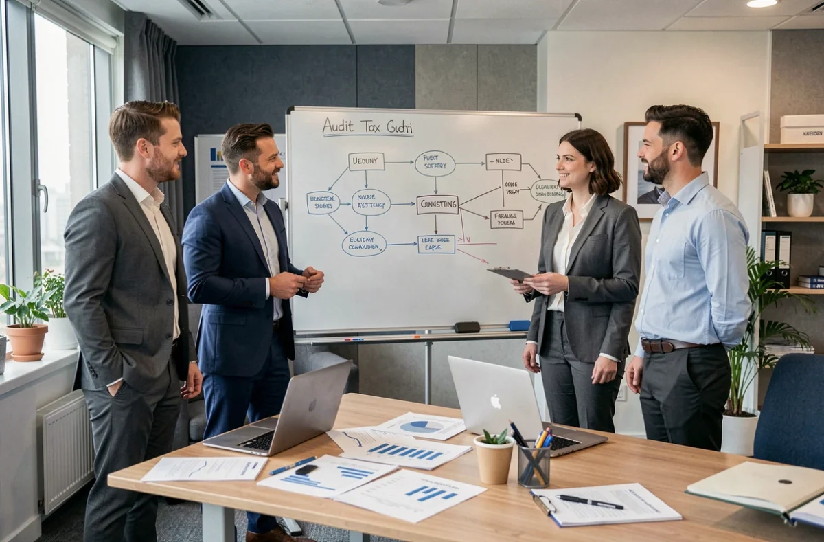 Équipe de KPMG Marseille travaillant ensemble sur une stratégie de défiscalisation autour d'un tableau blanc