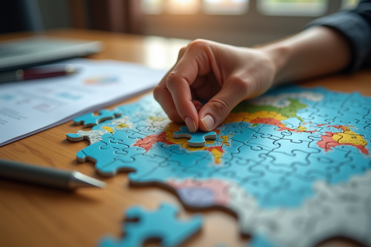 Main plaçant la dernière pièce d’un puzzle mondial coloré