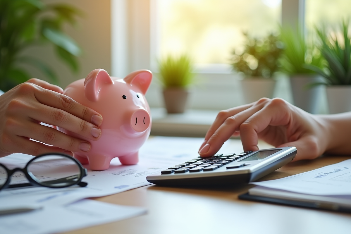 Mains tenant tirelire et calculatrice sur bureau ensoleille