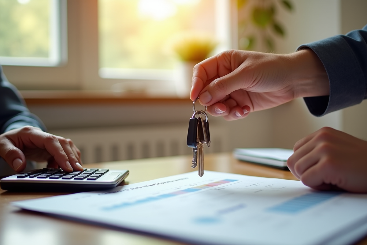 Main donnant des clés de maison sur des documents officiels