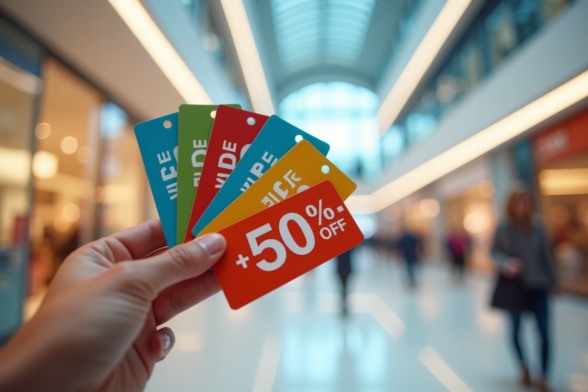 Main tenant des étiquettes de réduction colorées et cartes de fidélité