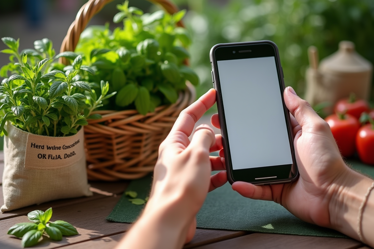 Mains tenant un smartphone avec des herbes aromatiques en marché extérieur en plein jour