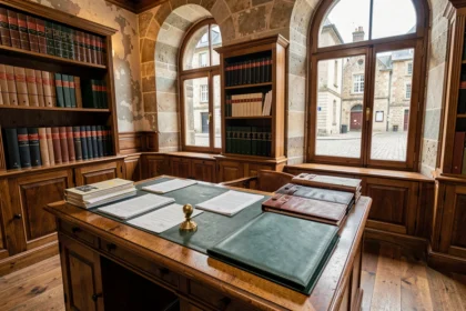 Bureau de notaire classique en Normandie avec documents juridiques, sceau en laiton et bibliothèque de codes légaux en arrière-plan