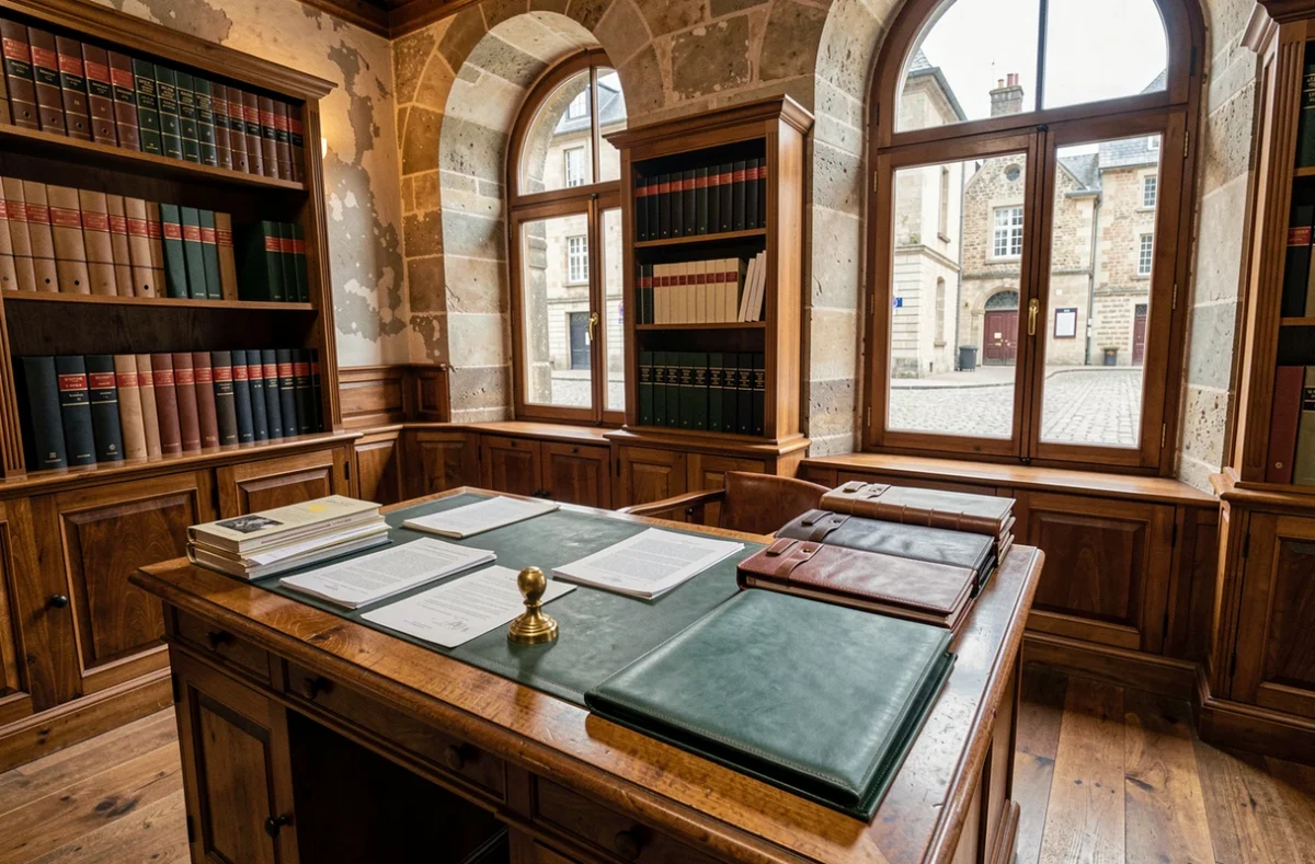 Bureau de notaire classique en Normandie avec documents juridiques, sceau en laiton et bibliothèque de codes légaux en arrière-plan