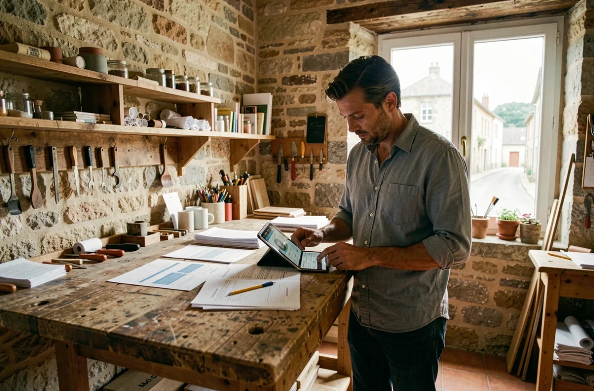 Micro-entrepreneur artisan consultant ses documents bancaires professionnels dans un atelier en Charente-Périgord