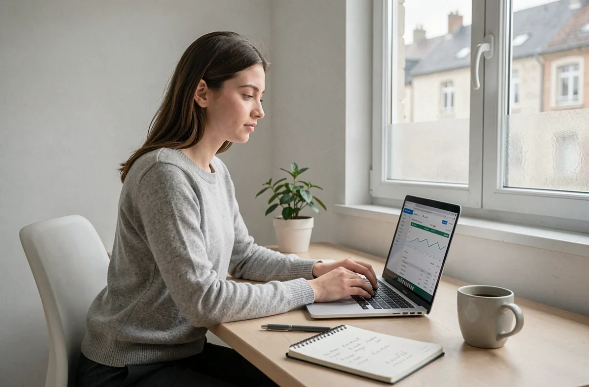 Jeune micro-entrepreneuse gérant sa comptabilité en ligne depuis son bureau à domicile en Charente-Périgord