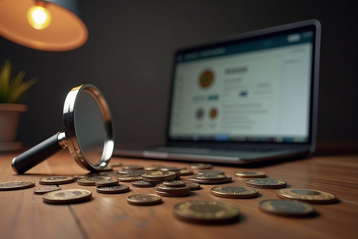 Scène de bureau avec anciennes monnaies et loupe pour la valuation