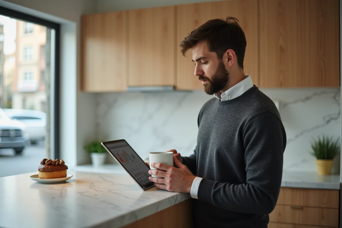 Homme consultant une interface de courtage sur tablette dans une cuisine moderne, premiers pas sur Inaxa Courtage
