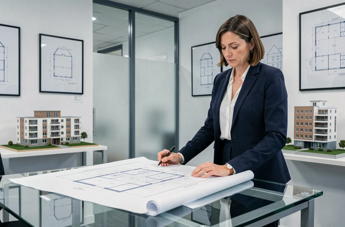 Notaire spécialisée en immobilier debout devant un plan de bâtiment dans un bureau moderne rue Jean Lecanuet à Rouen