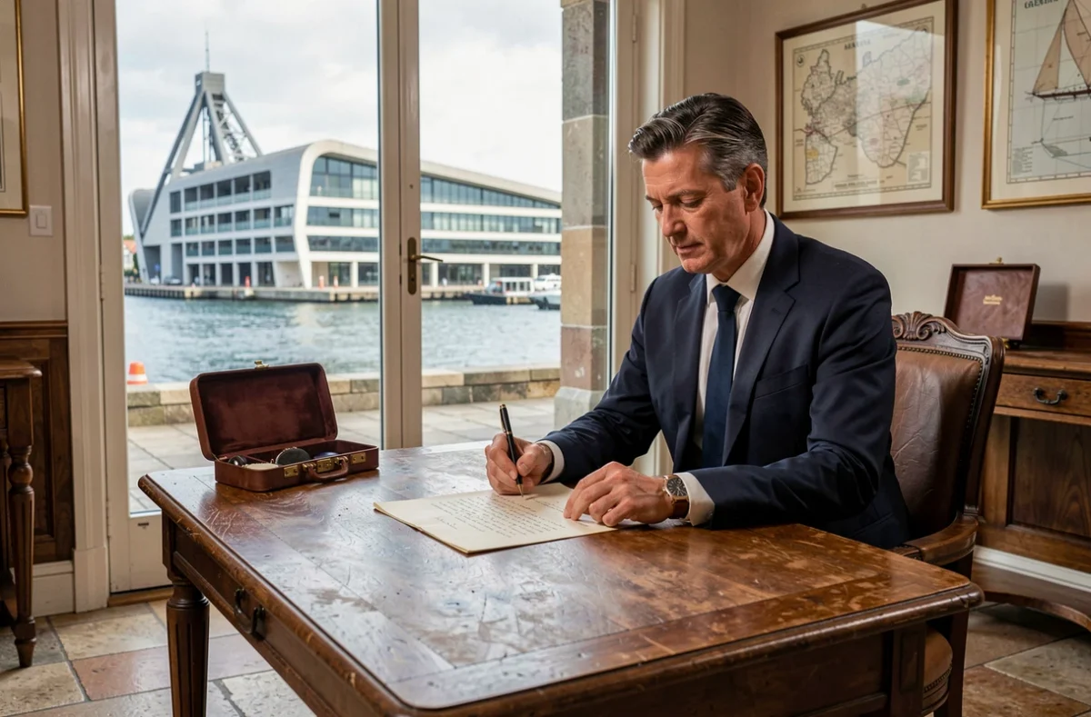 Notaire au Havre à son bureau avec une vue sur le port moderniste de la ville en arrière-plan flou
