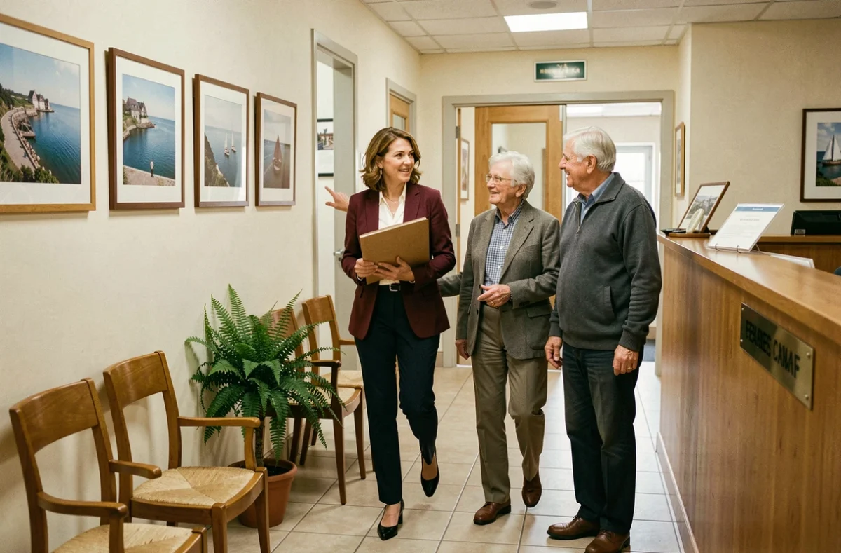 Notaire accompagnant un couple âgé dans le couloir d'un office notarial à Fécamp avec un dossier sous le bras