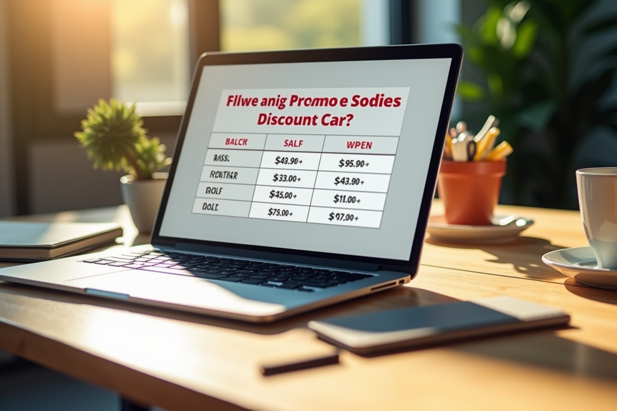 Ordinateur portable affichant des codes promo en ligne sur une table en bois