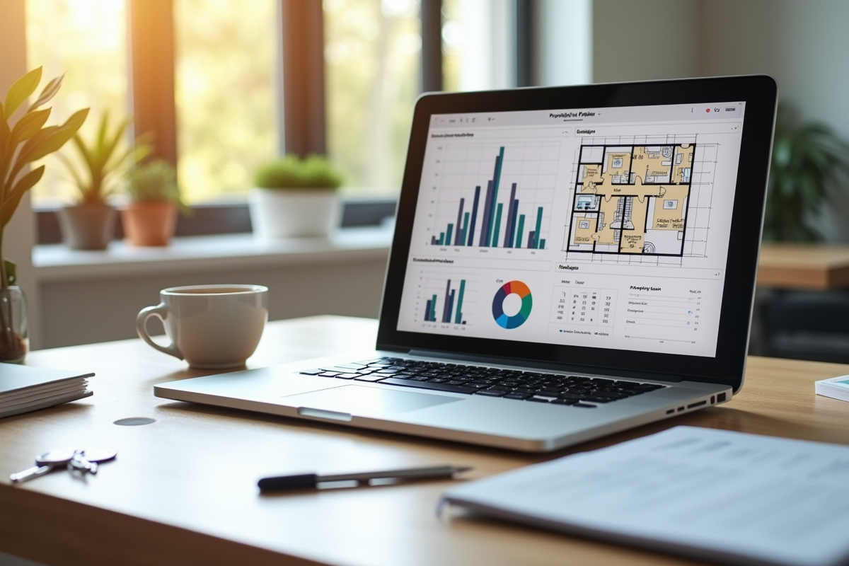 Ordinateur portable avec plans et analyses immobilières sur un bureau lumineux