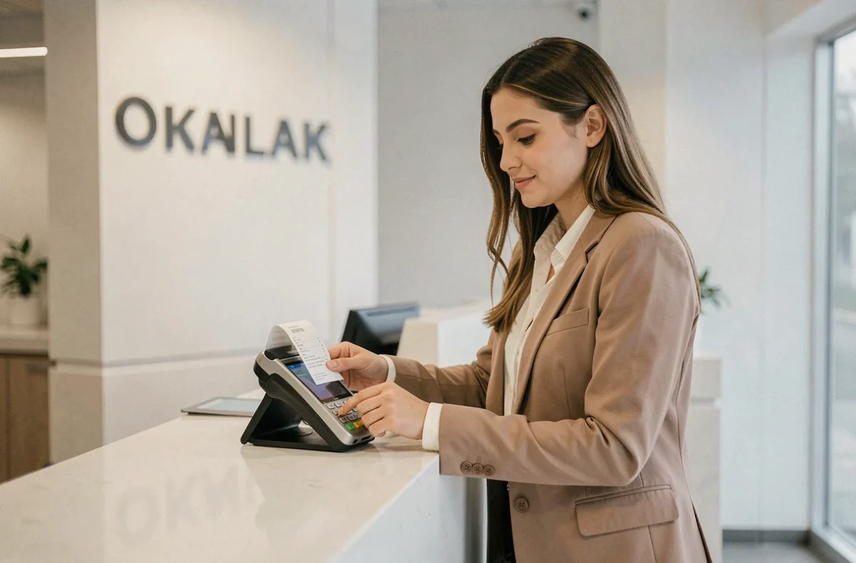 Jeune professionnelle effectuant un paiement mobile avec une carte virtuelle CMB Virtualis en agence bancaire