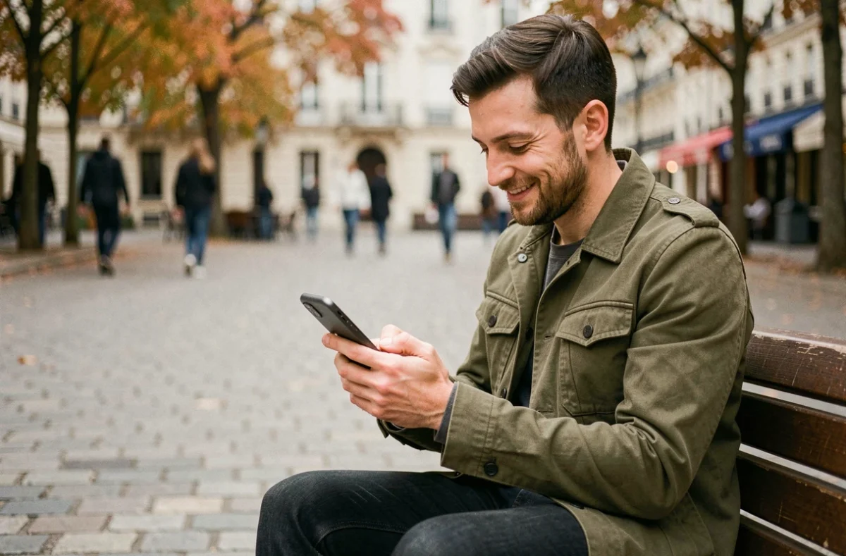 Jeune travailleur indépendant effectuant un paiement URSSAF en ligne depuis son mobile en extérieur