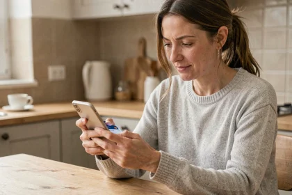 Femme payant ses cotisations URSSAF en ligne depuis son smartphone dans une cuisine moderne