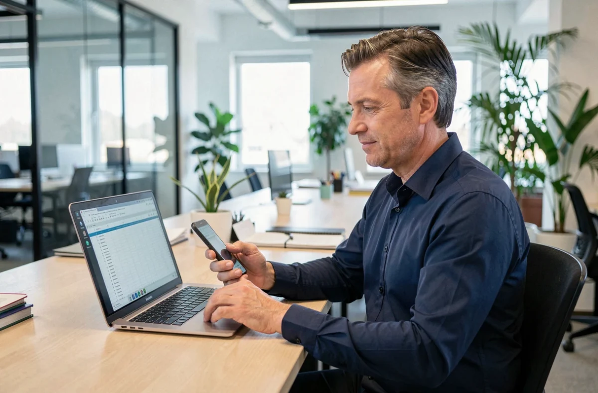 Entrepreneur gérant le paiement URSSAF depuis son téléphone portable au bureau