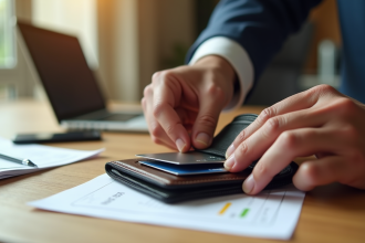 Deux mains retirent une carte bancaire d'un portefeuille partagé sur une table en bois