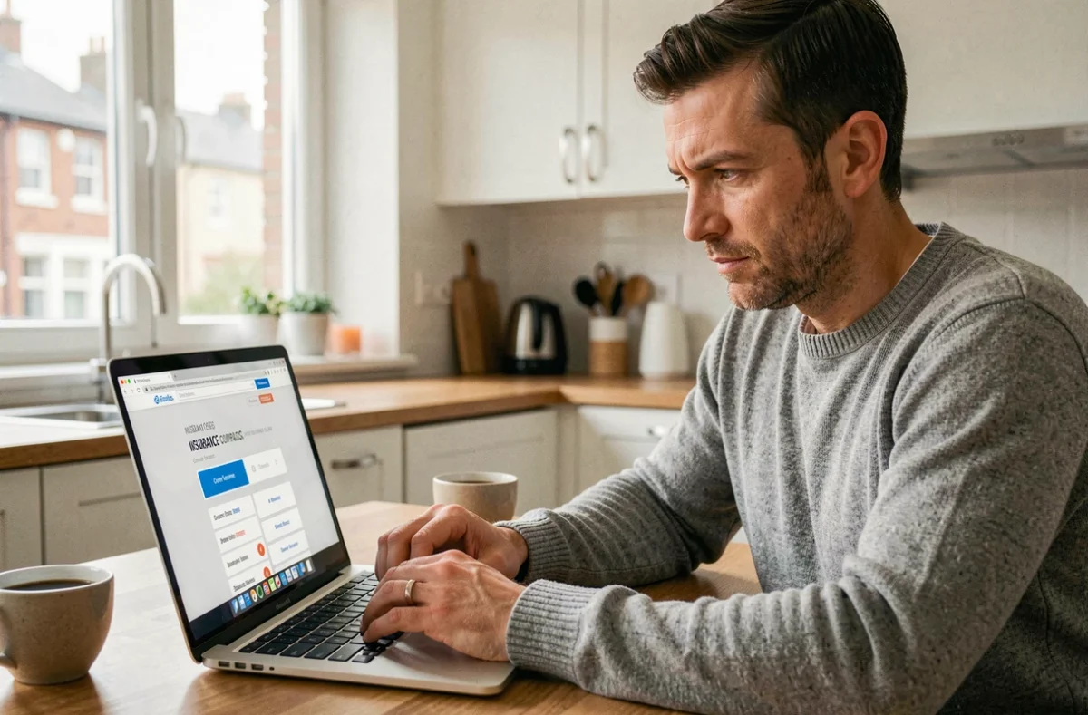 Particulier consultant des avis en ligne sur un courtier en assurance depuis son domicile