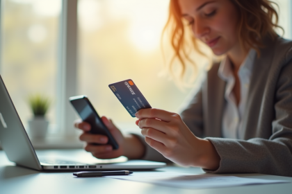 Personne frustrée tenant une carte bancaire bloquée et un smartphone
