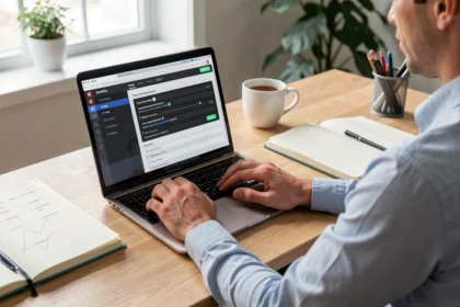 Personne devant un ordinateur portable cherchant de l'aide en ligne